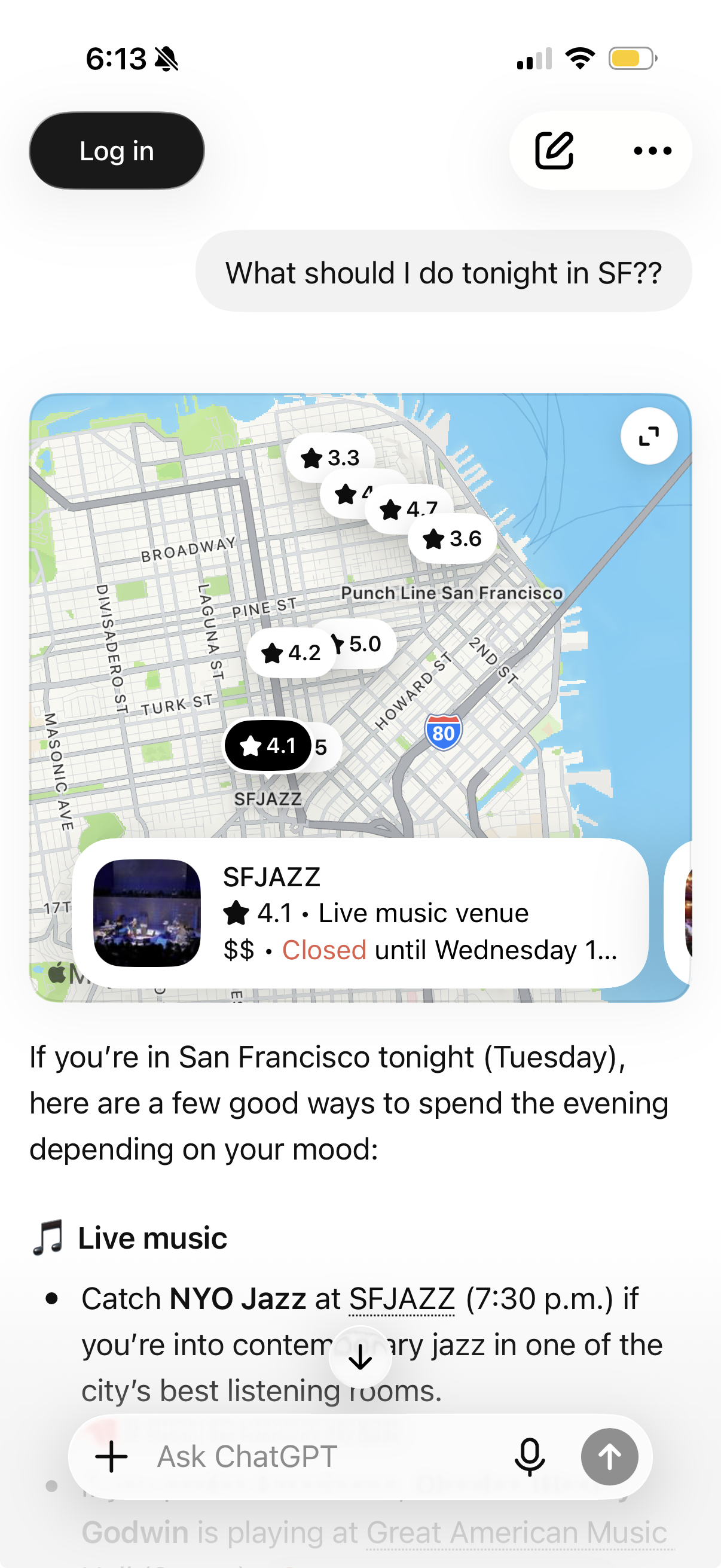 A ChatGPT conversation asking what to do tonight in San Francisco