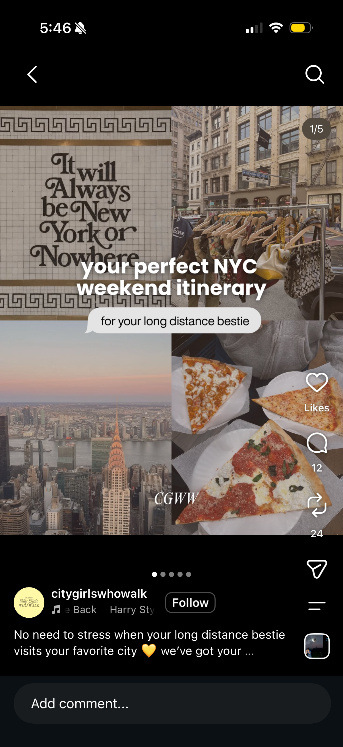 A saved Instagram post titled 'your perfect NYC weekend itinerary'