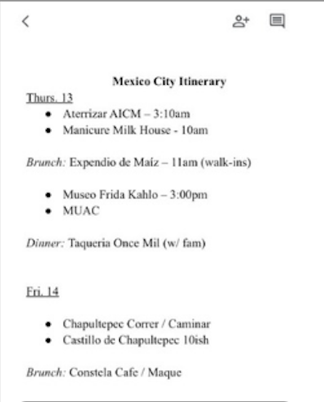 A Notes app itinerary for a Mexico City trip